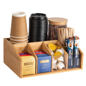 HUCINIUN bamboo coffee station with six compartments keeps cups organized.