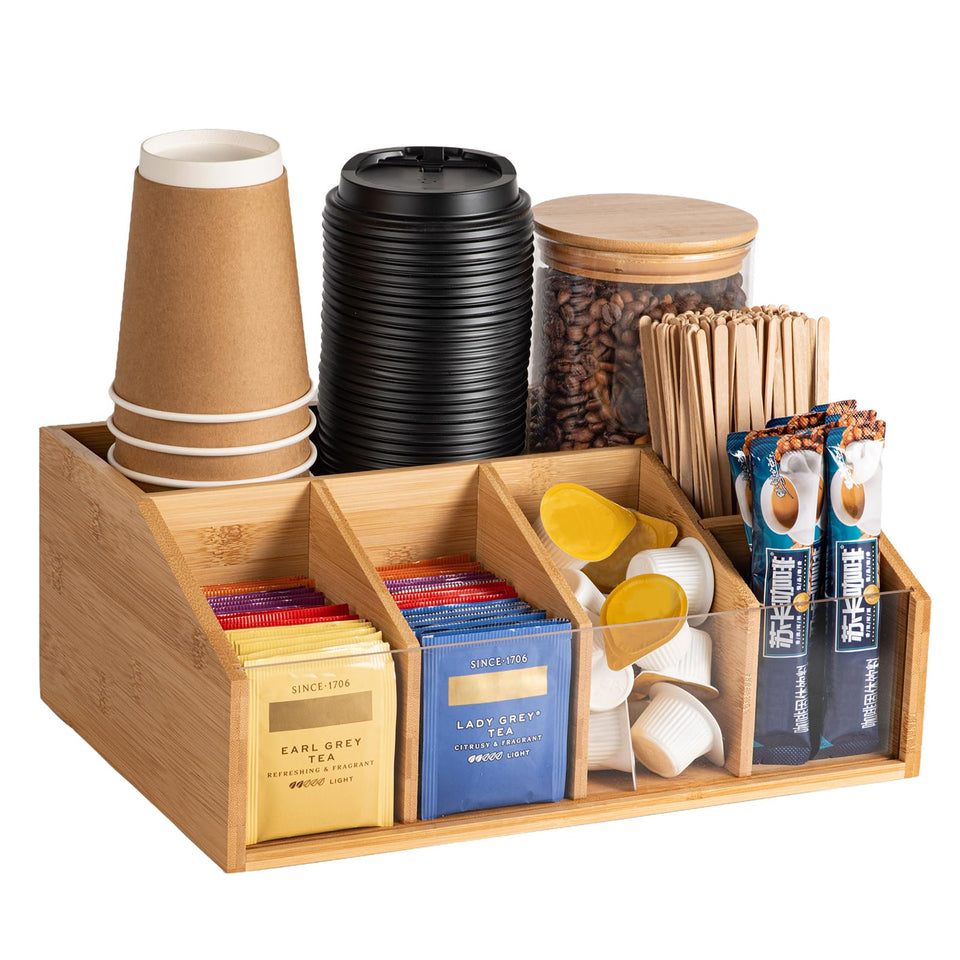 HUCINIUN bamboo coffee station with six compartments keeps cups organized.