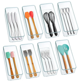 Hudgan 8-pack clear drawer organizers stacked for compact kitchen storage