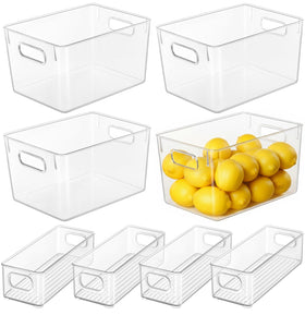 Hudgan 8-piece clear storage bins organize pantry and fridge items.