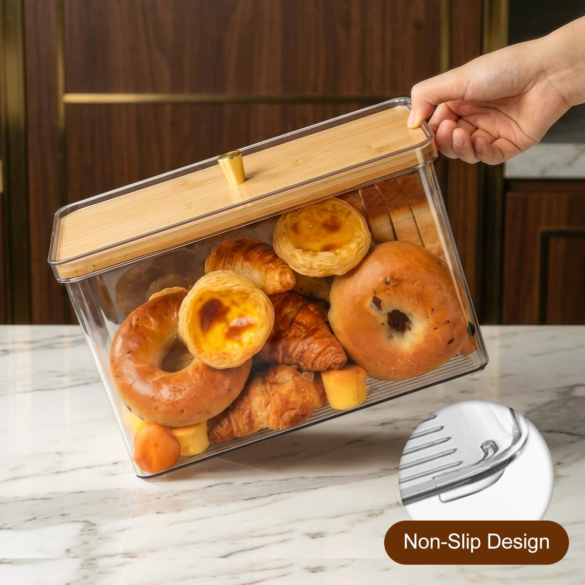 Hudgan breadbox bamboo lid with seal and gold knob for easy access