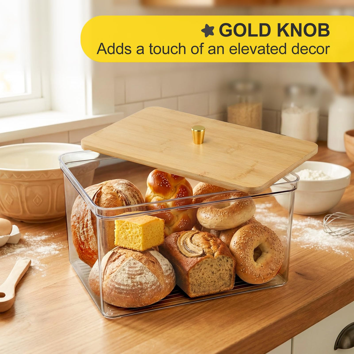 Close up of Hudgan breadbox gold knob and secure lid for freshness