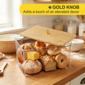 Close up of Hudgan breadbox gold knob and secure lid for freshness