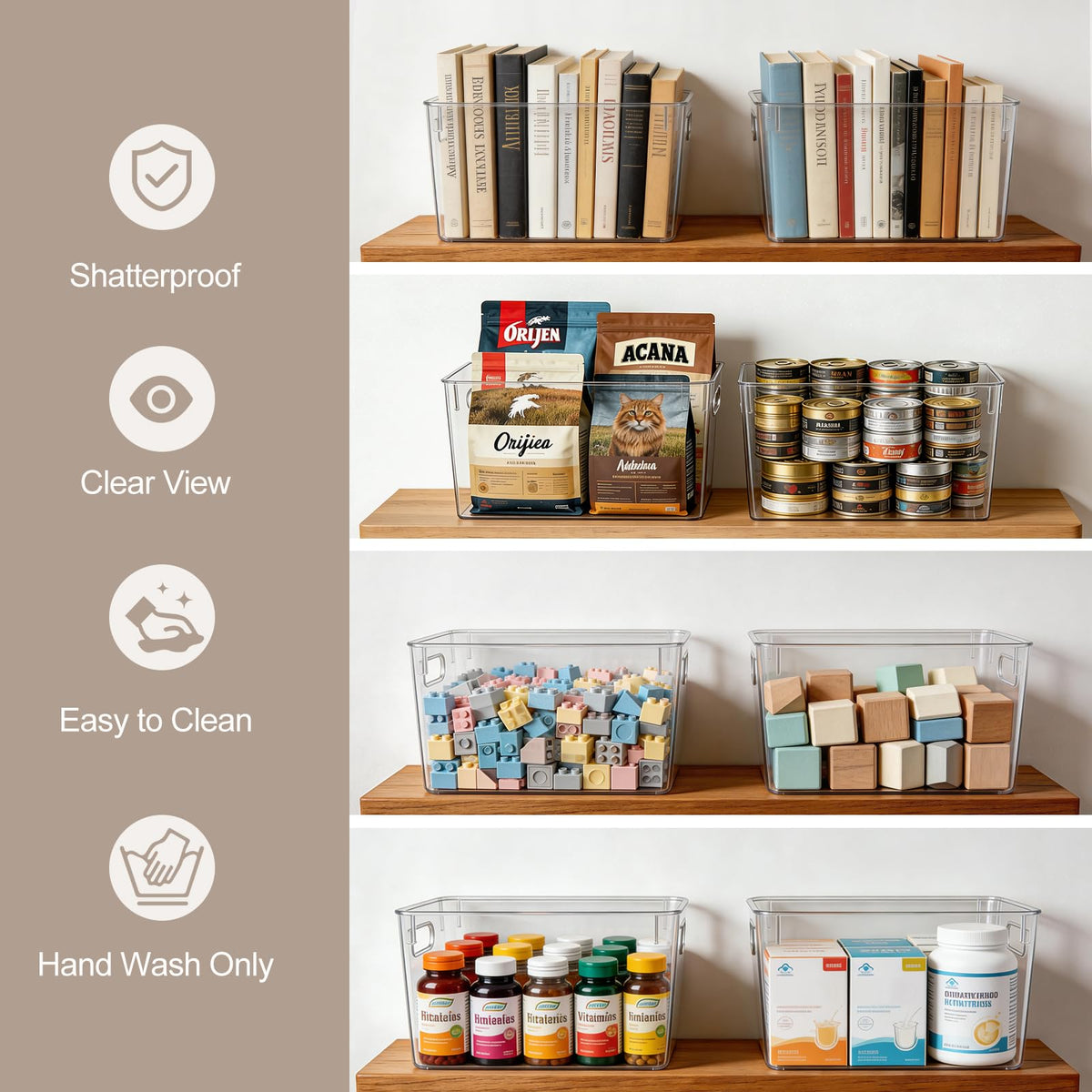 Hudgan clear plastic boxes let you see contents at a glance.