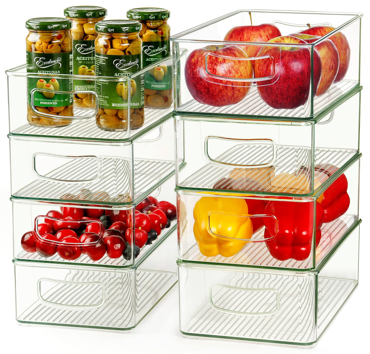 Hudgan clear storage bins 8-pack in fridge and pantry keep items visible and organized.