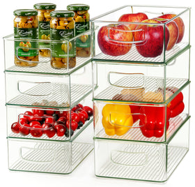 Hudgan clear storage bins 8-pack in fridge and pantry keep items visible and organized.