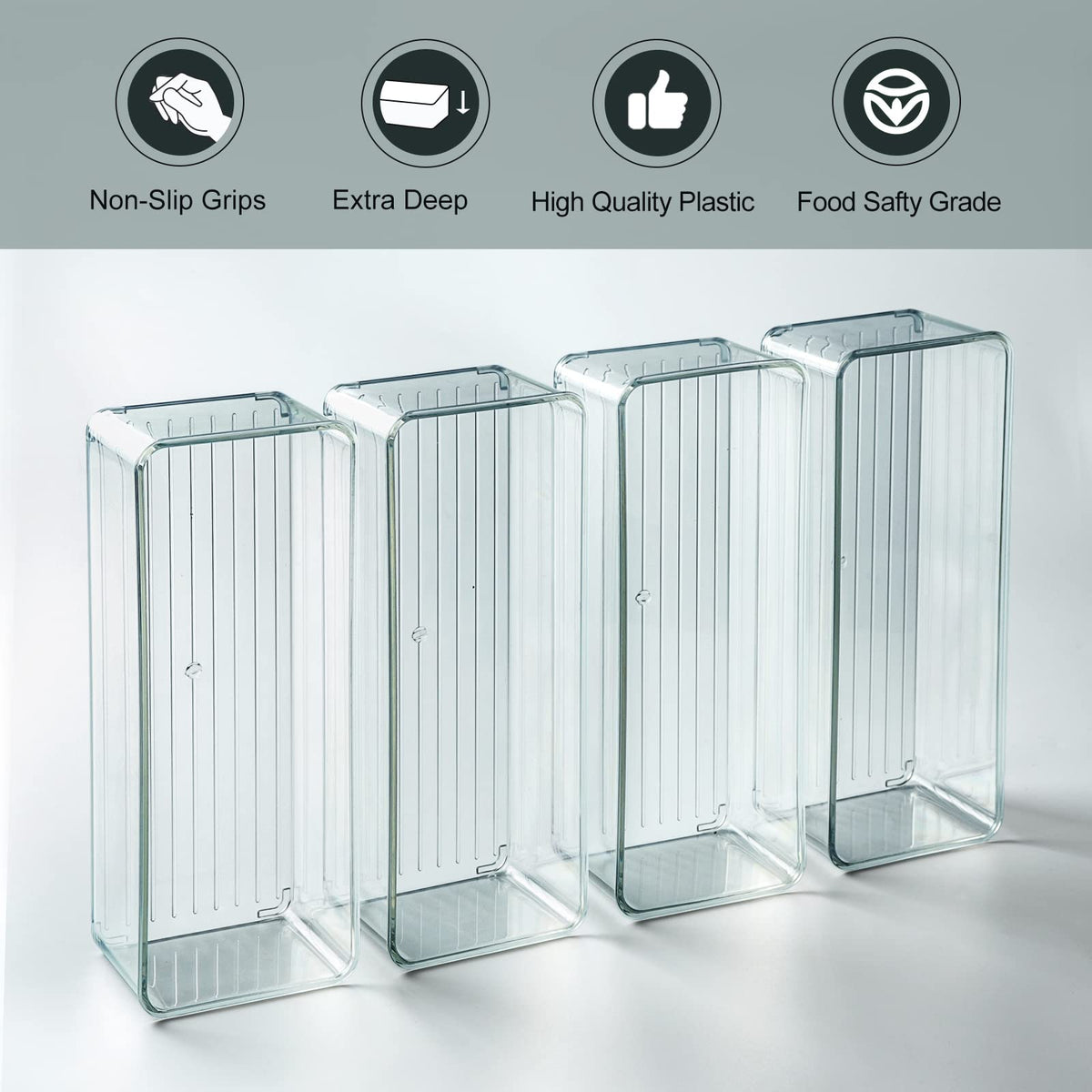 Footed drawer bin design helps keep items sliding smoothly and dust-free