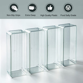 Footed drawer bin design helps keep items sliding smoothly and dust-free