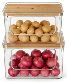 Hudgan pantry organizers two-pack stackable bin, front view, easy access to onions and potatoes.