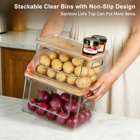 Hudgan pantry organizers clear bin with bamboo lid closeup highlights durable materials.