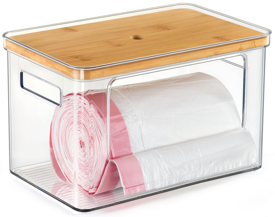 Hudgan stackable storage with bamboo top keeps laundry area tidy and space-efficient