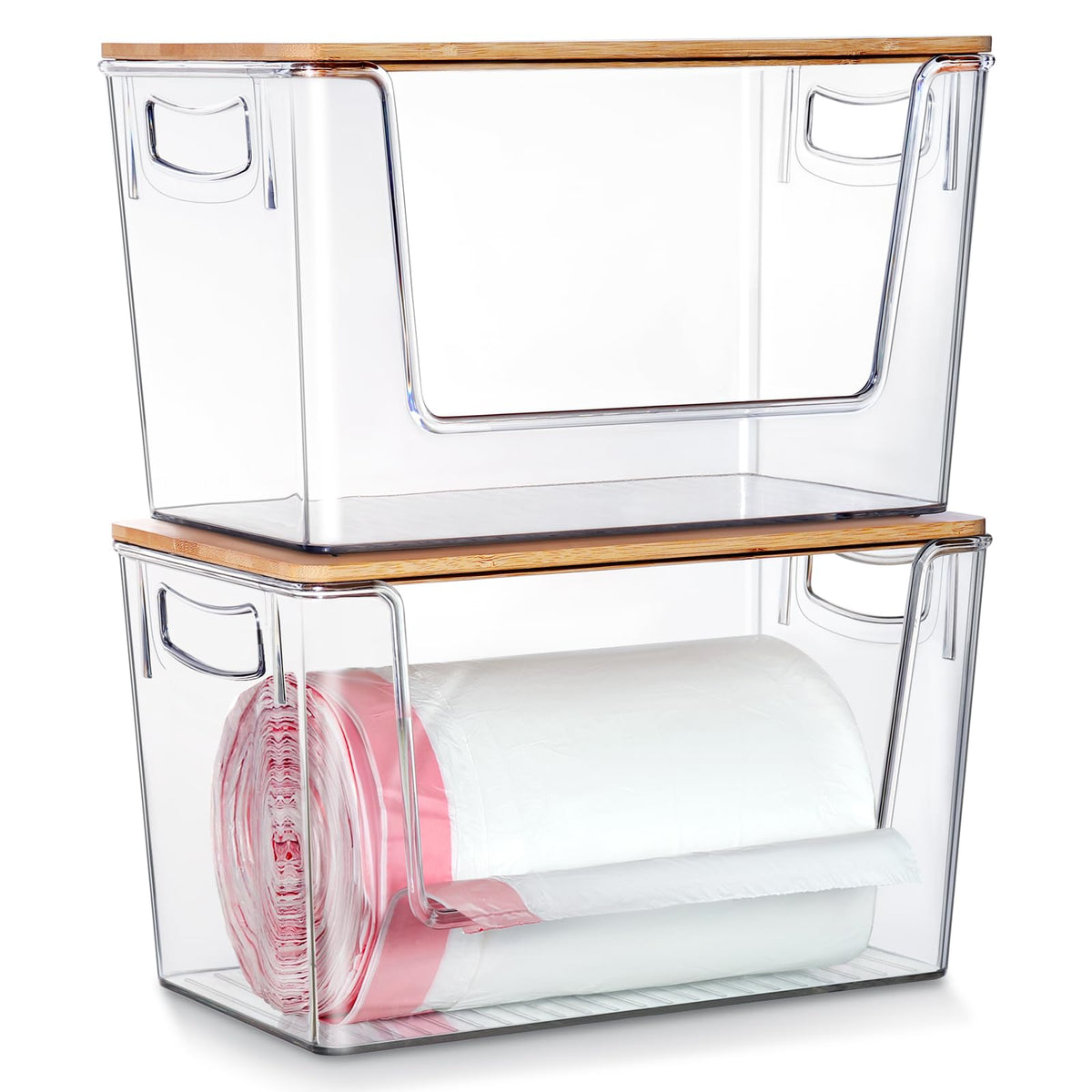 Hudgan stackable trash bag holder with bamboo top for compact kitchen organization.