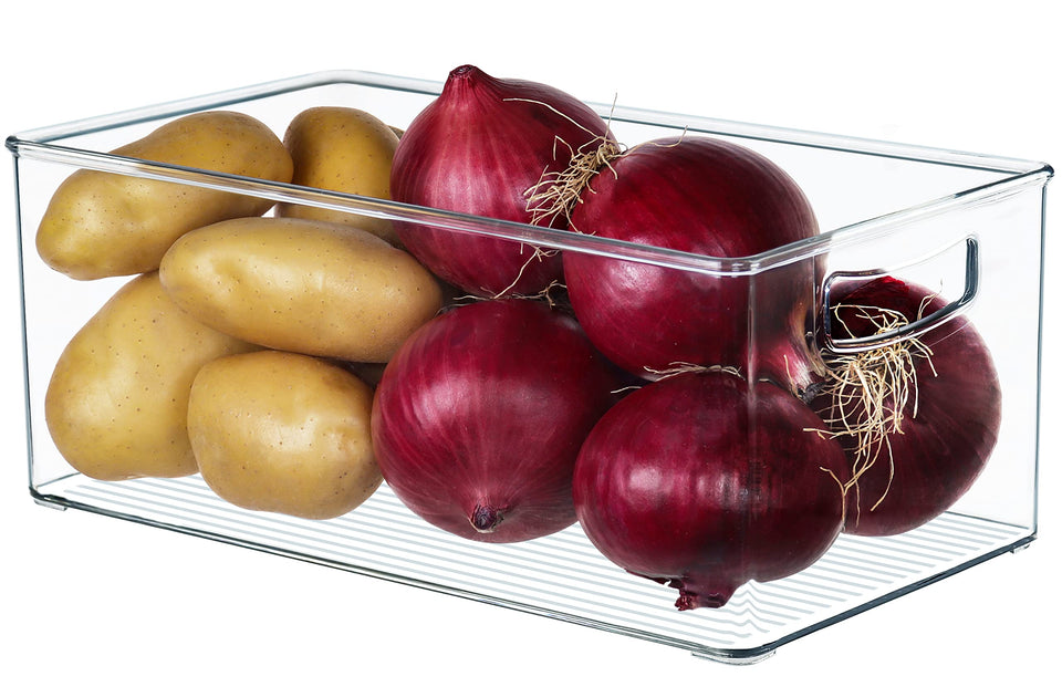 Hudgan 2 Pack straight sides pantry bin, front view with clear visibility.