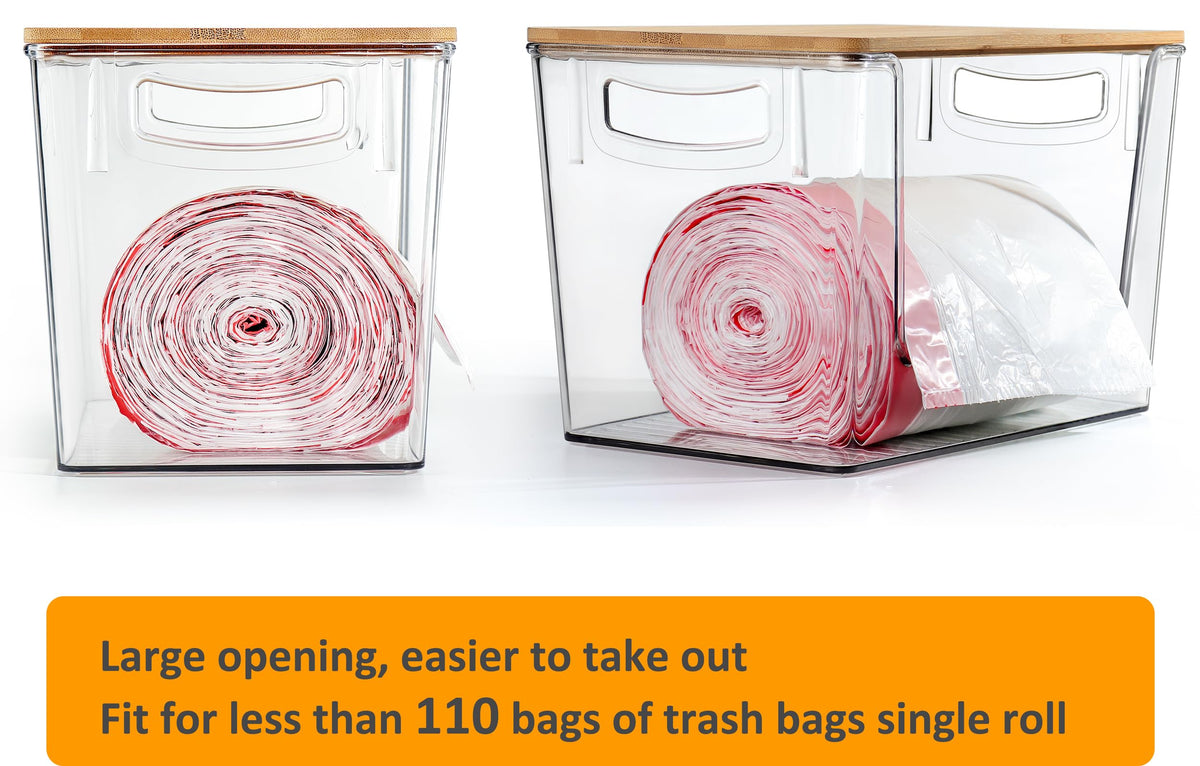 Hudgan under-sink organization with bag holder keeps trash bags neatly accessible.