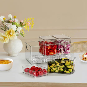 Hudgan Versatile party storage for salads, fruits, dressings, and garnishes.