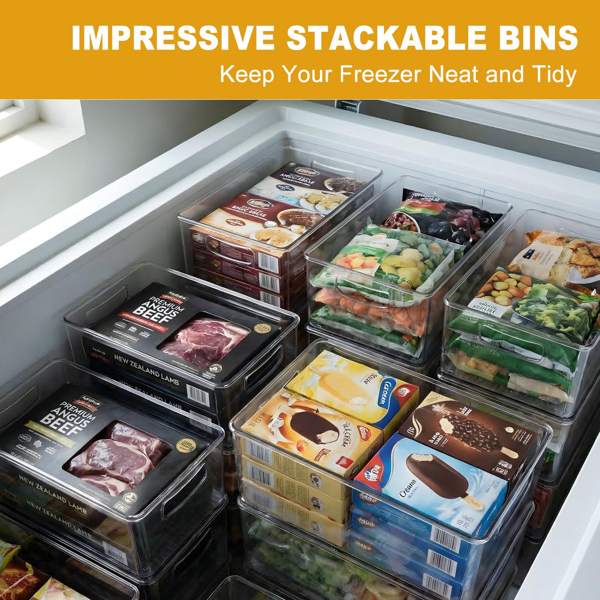 Hudgan XL freezer bin stacked for vertical storage efficiency