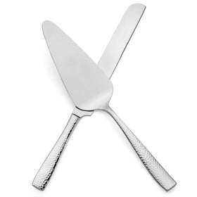 Hudson Essentials hammered cake server side view emphasizes sturdy, comfortable grip.