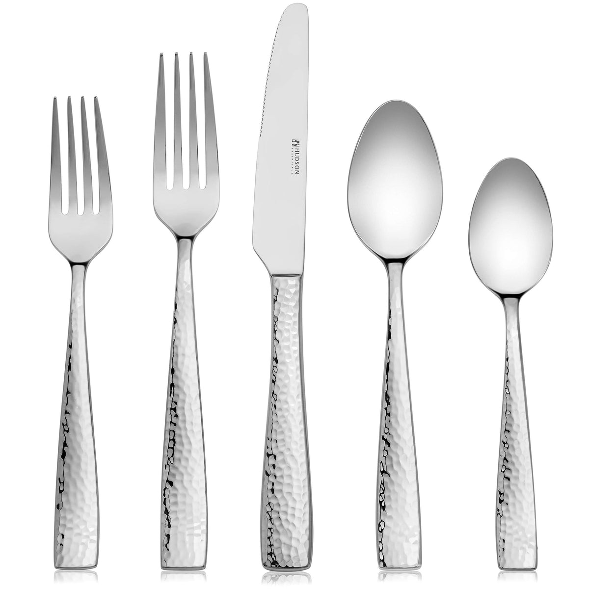 Hudson Essentials hammered dinner knives; durable cutlery for everyday meals.