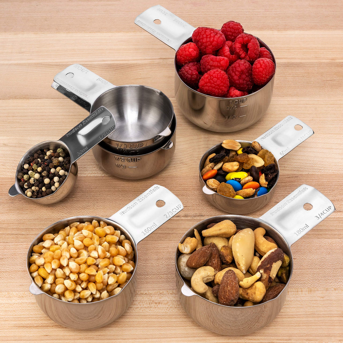 Hudson Essentials measuring cups stay organized inside a drawer for quick access.