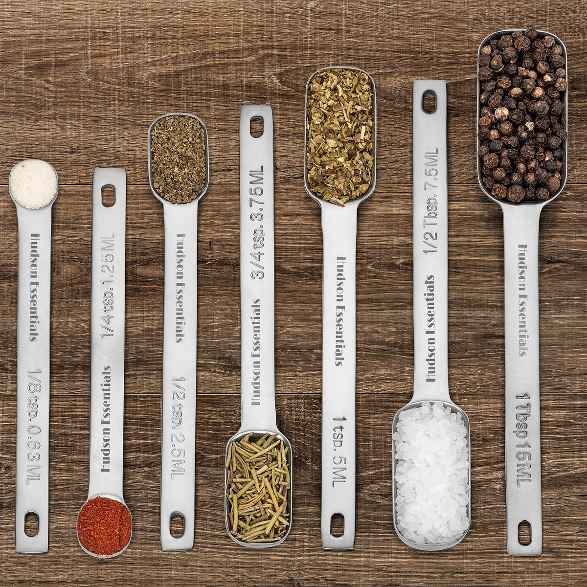 Hudson Essentials square narrow spoons fit most spice containers for easy measuring.