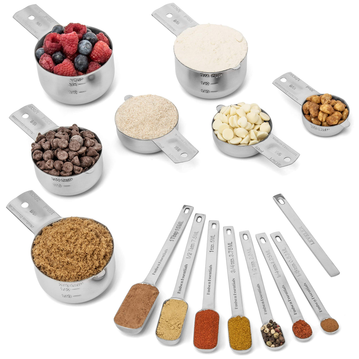 Hudson Essentials stainless steel measuring cups and spoons close-up highlighting durability