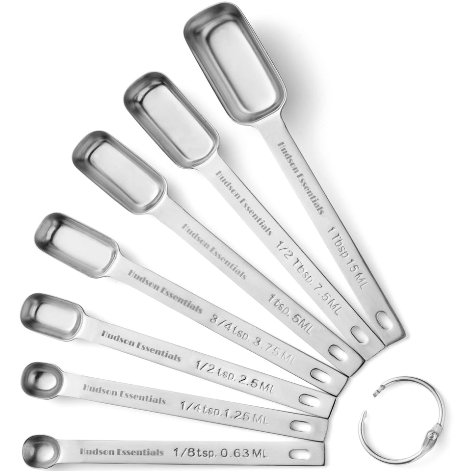 Hudson Essentials stainless steel measuring spoons set stacked for quick prep.