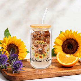 HUFAND Highland Cow glass tumbler 16oz keeps beverages hot or cold.