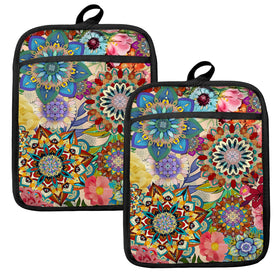 HUGANE Boho Floral oven mitts with heat-pocket for safer handling of hot pans
