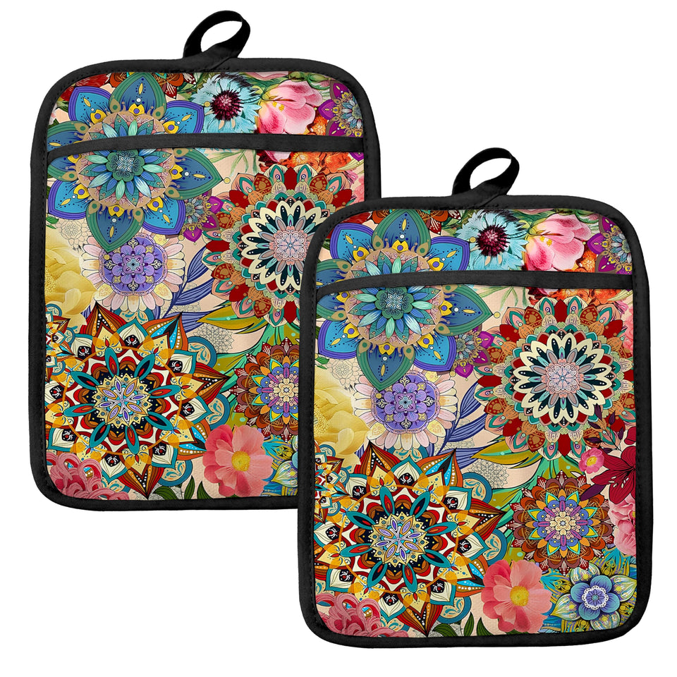 HUGANE Boho Floral oven mitts with heat-pocket for safer handling of hot pans