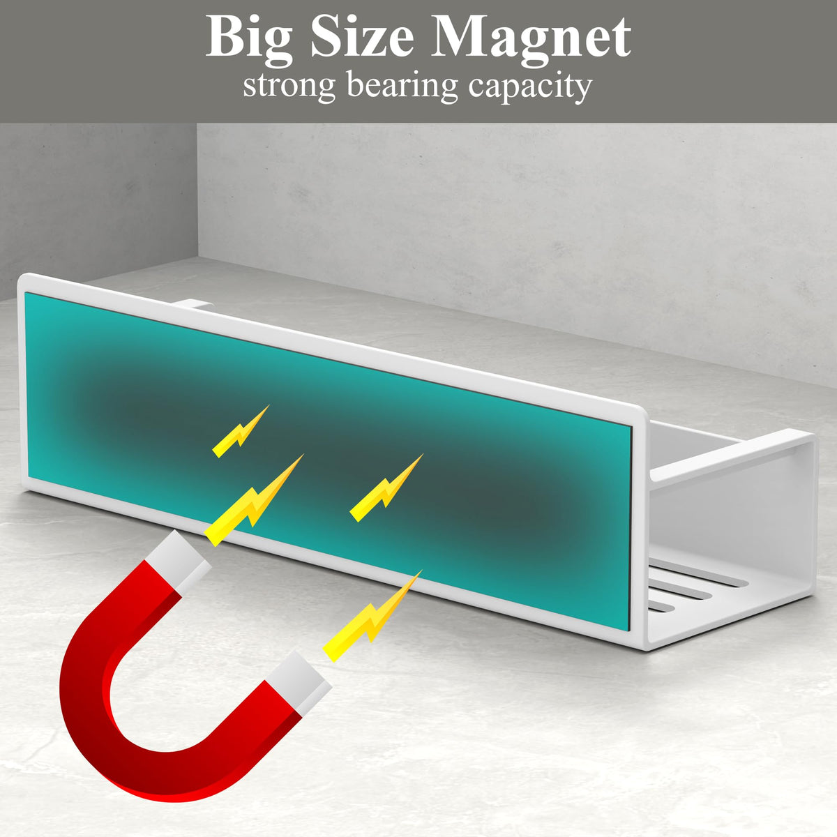 HuggieGems magnetic-spice-rack-fridge-side-closeup-white highlights the heavy-duty magnet strength.