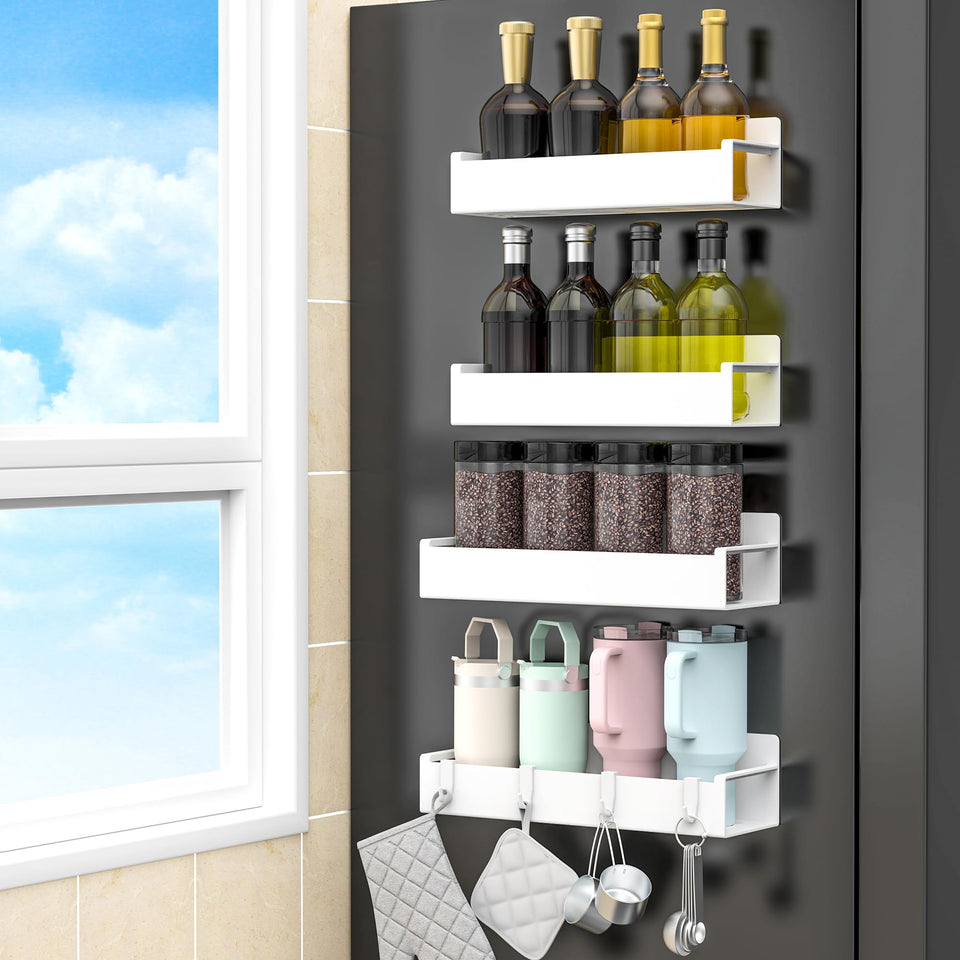 HuggieGems magnetic-spice-rack-fridge-side-white keeps spices within reach for quick cooking.