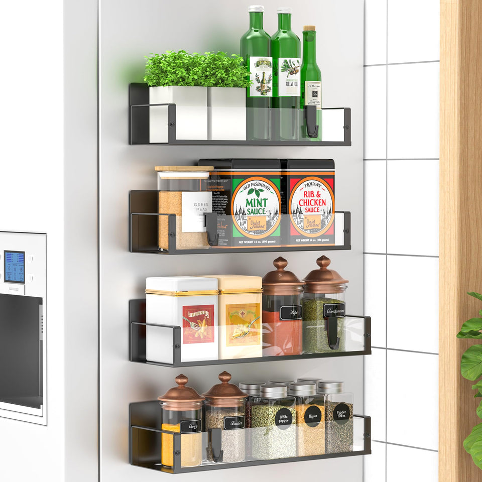 HuggieGems magnetic spice rack on fridge side keeps spices within easy reach