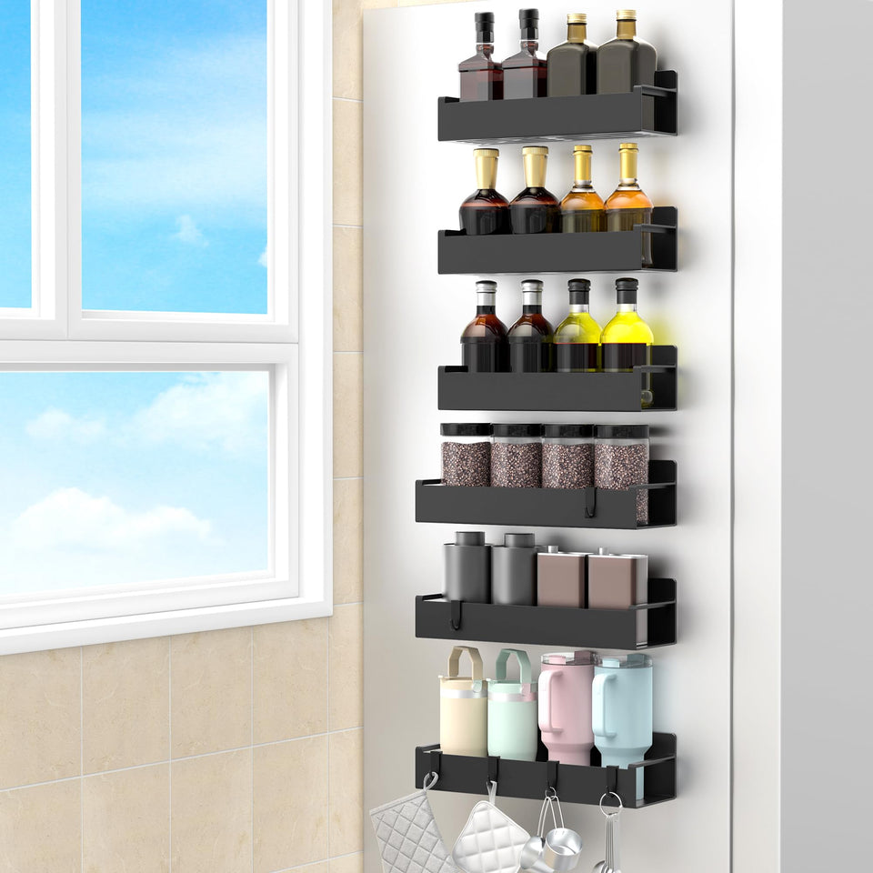 HuggieGems magnetic spice rack front view with secure fridge mounting.