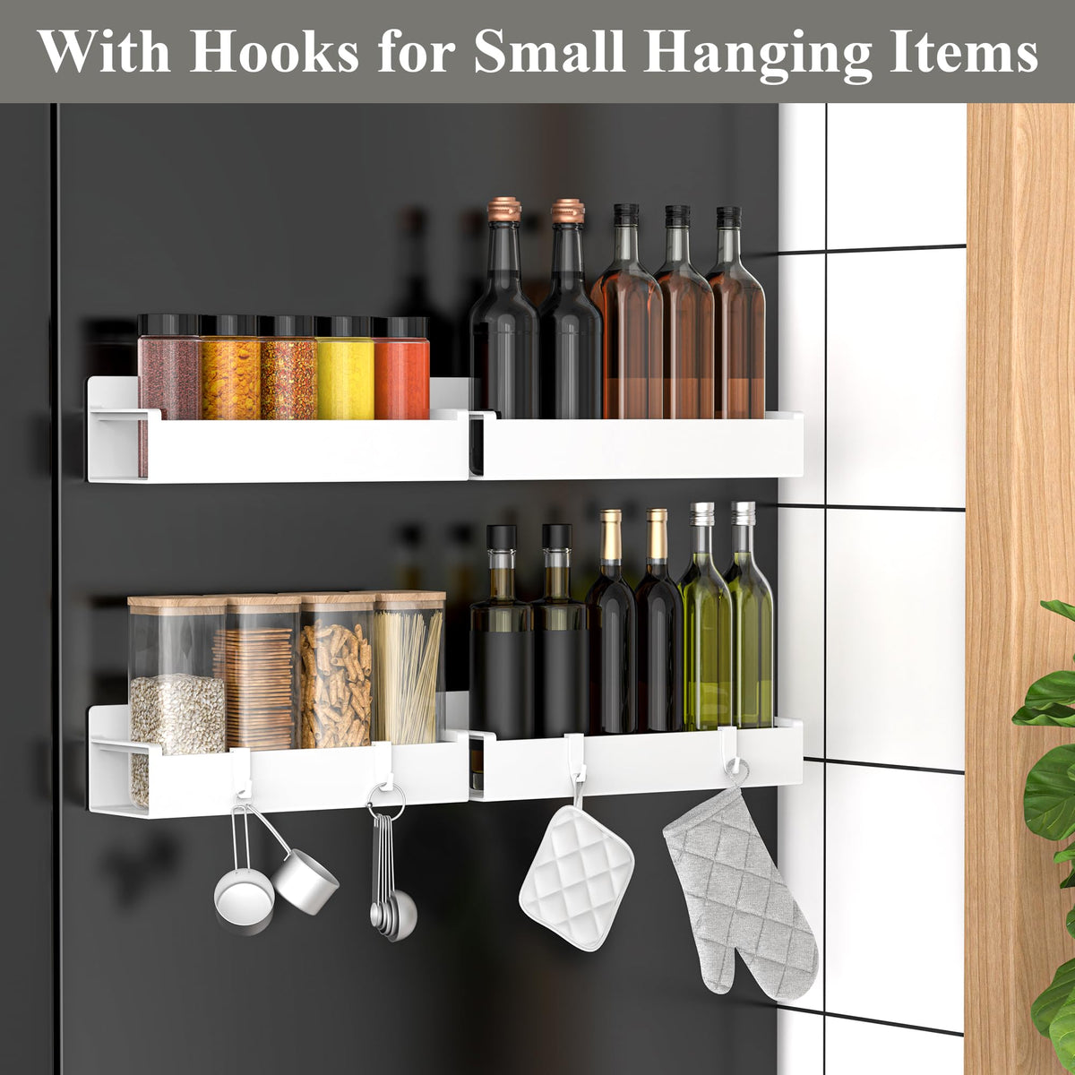 HuggieGems magnetic-spice-rack-oven-side-white keeps jars organized on the oven door.