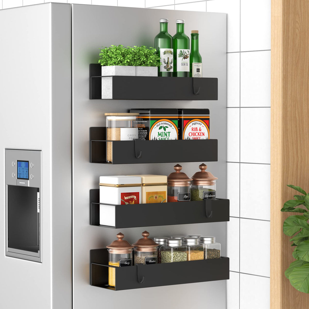 HuggieGems magnetic spice rack mounted on fridge side for easy reach while cooking