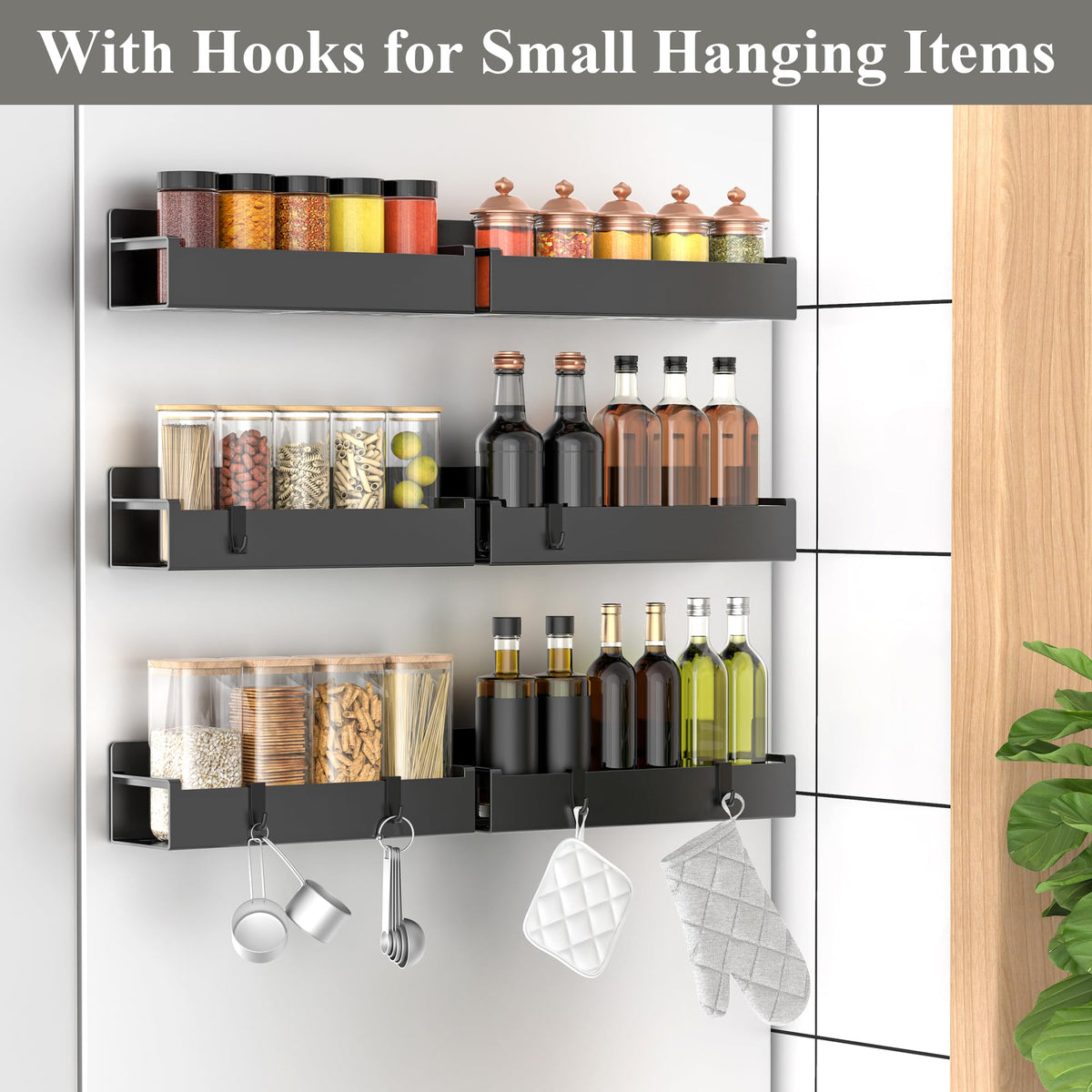 HuggieGems magnetic spice rack side-mount showing space-saving placement.