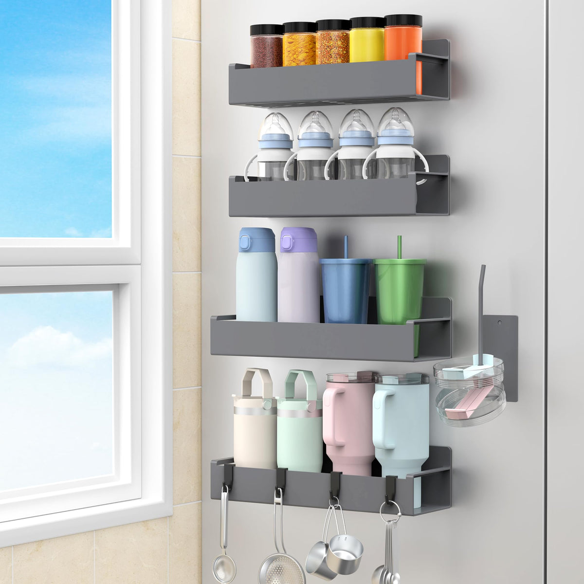 HuggieGems magnetic water bottle holder on fridge door for space-saving storage