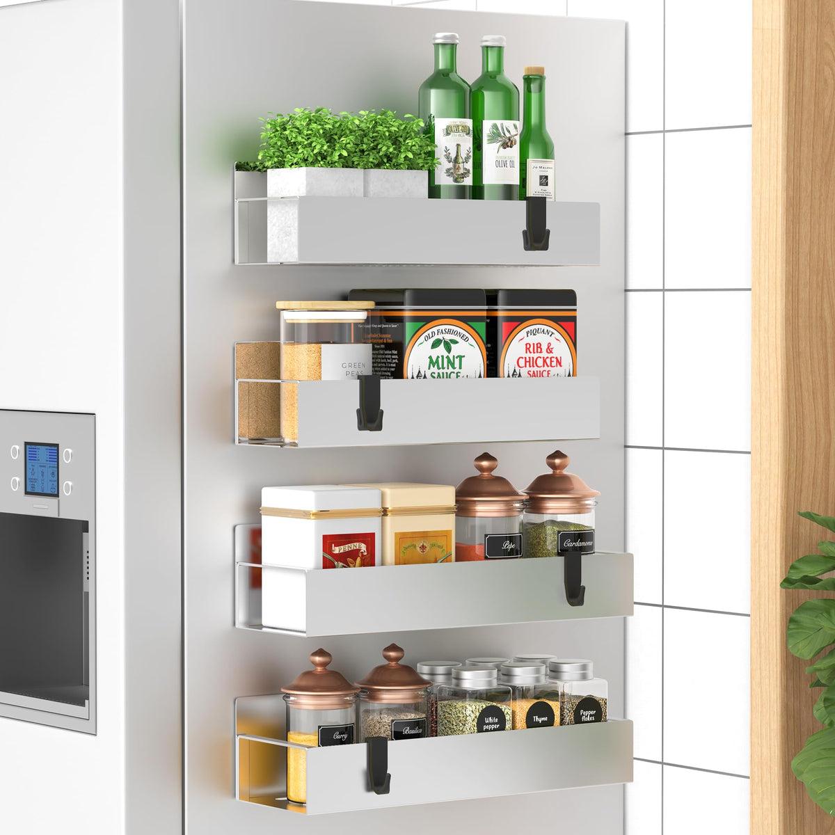 HuggieGems Spice Rack 4-Pack mounted on fridge door for space-saving, easily accessible spices.