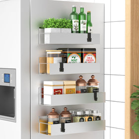 HuggieGems Spice Rack 4-Pack mounted on fridge door for space-saving, easily accessible spices.