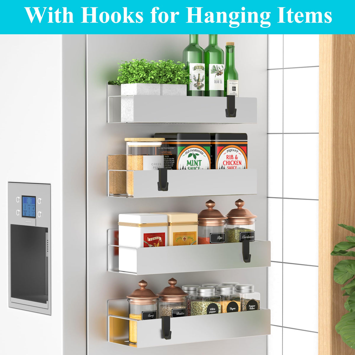 HuggieGems fridge door attachment shows sturdy magnets keeping spices within easy reach.