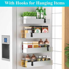 HuggieGems fridge door attachment shows sturdy magnets keeping spices within easy reach.