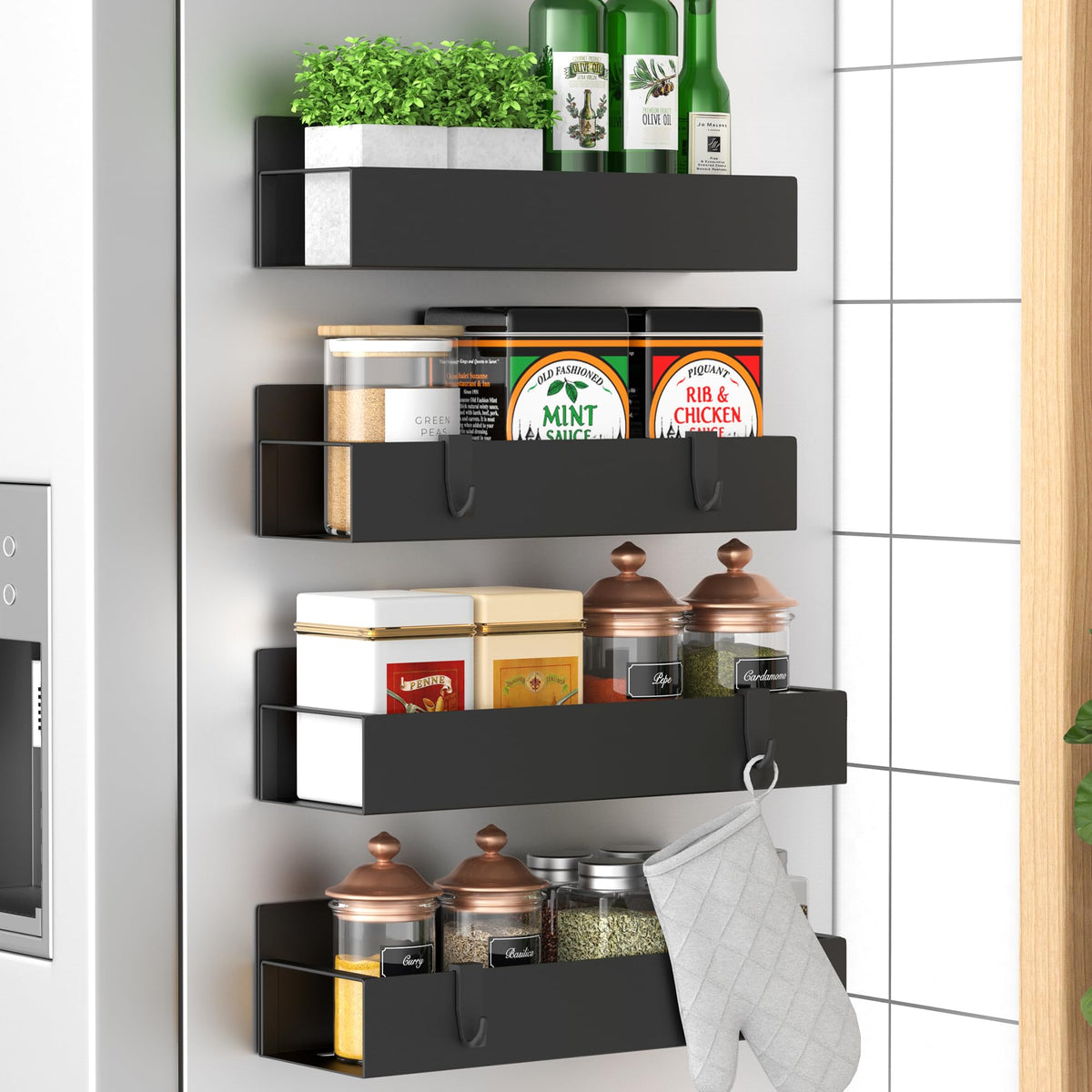 HuggieGems fridge-side spice rack for space-saving organization.