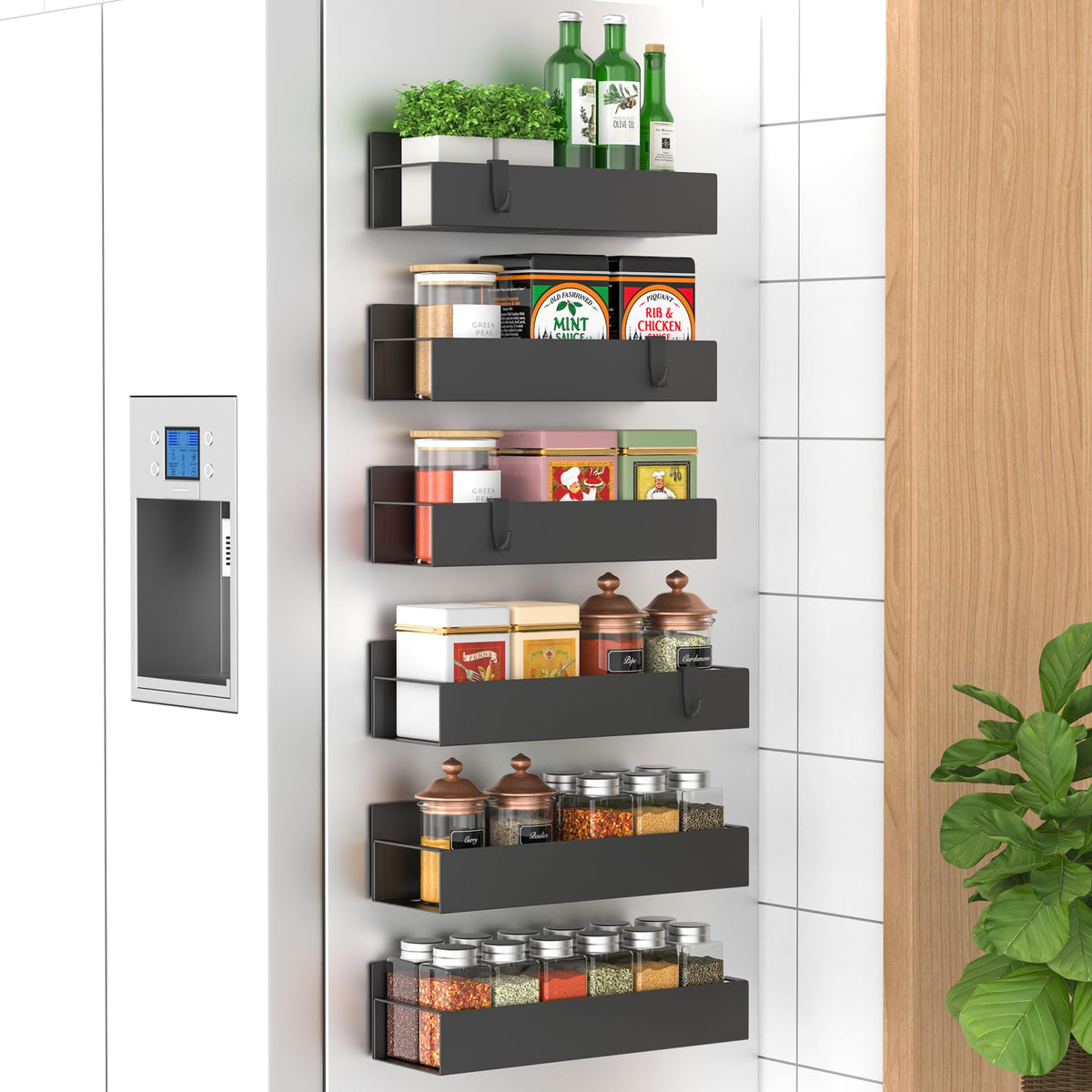 HuggieGems spice rack side magnet keeps spices neatly within reach on the fridge.