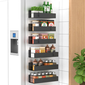 HuggieGems spice rack side magnet keeps spices neatly within reach on the fridge.
