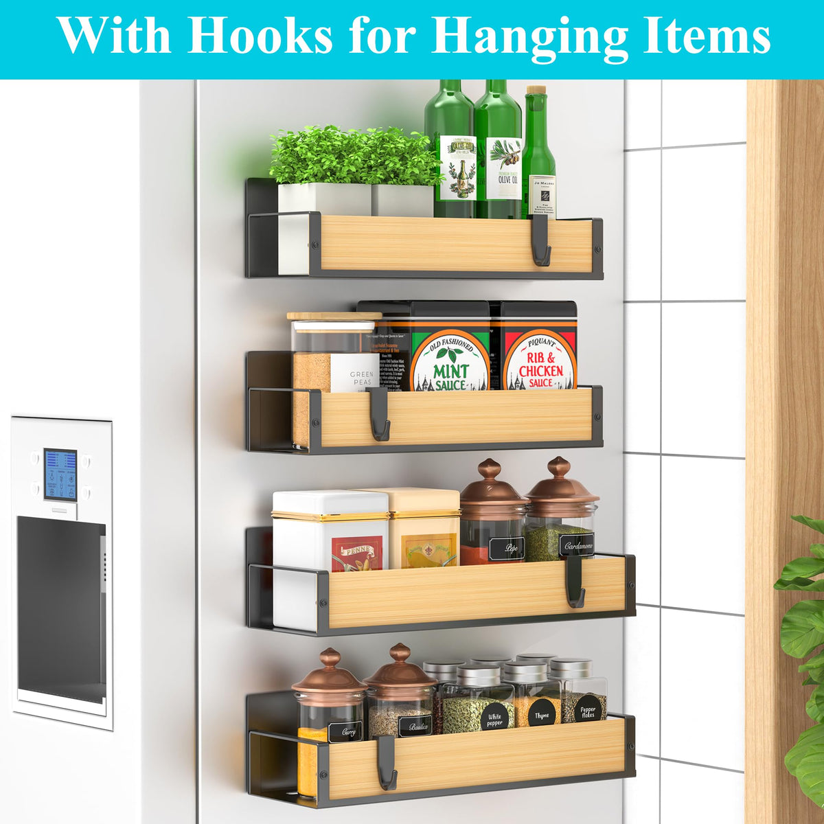 HuggieGems wooden fridge organizer adds a stylish, space-saving spice display.