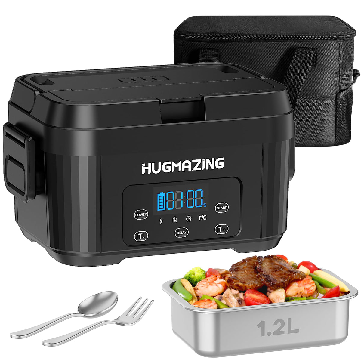 Hugmazing cordless lunch box front view, emphasizing portability for meals on the go