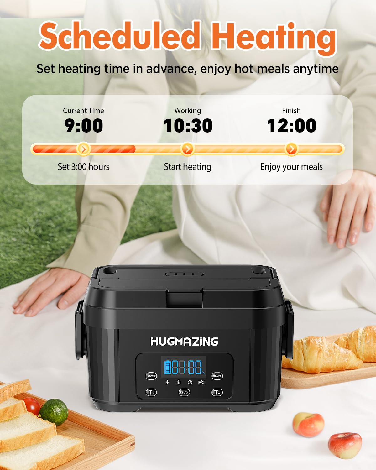 Hugmazing cordless lunch box with open lid for easy filling