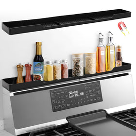 Hugro Tarfive 30in magnetic stove top shelf front view reduces countertop clutter.