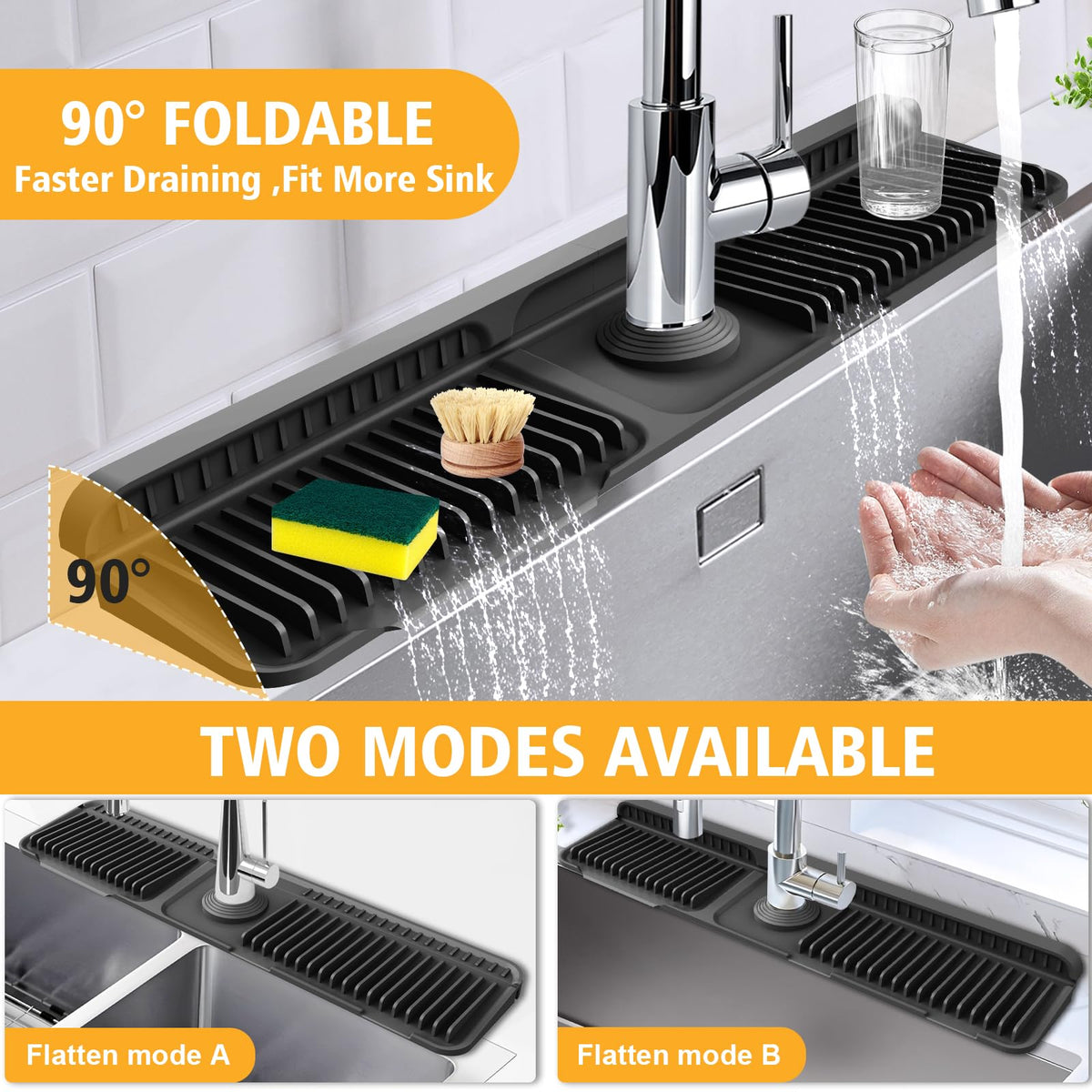 Hugro Tarfive silicone mat used as sponge holder and dish-drying area.
