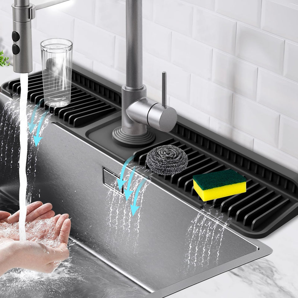Hugro Tarfive splash guard with 7° slope directing water to the sink for cleaner counters.